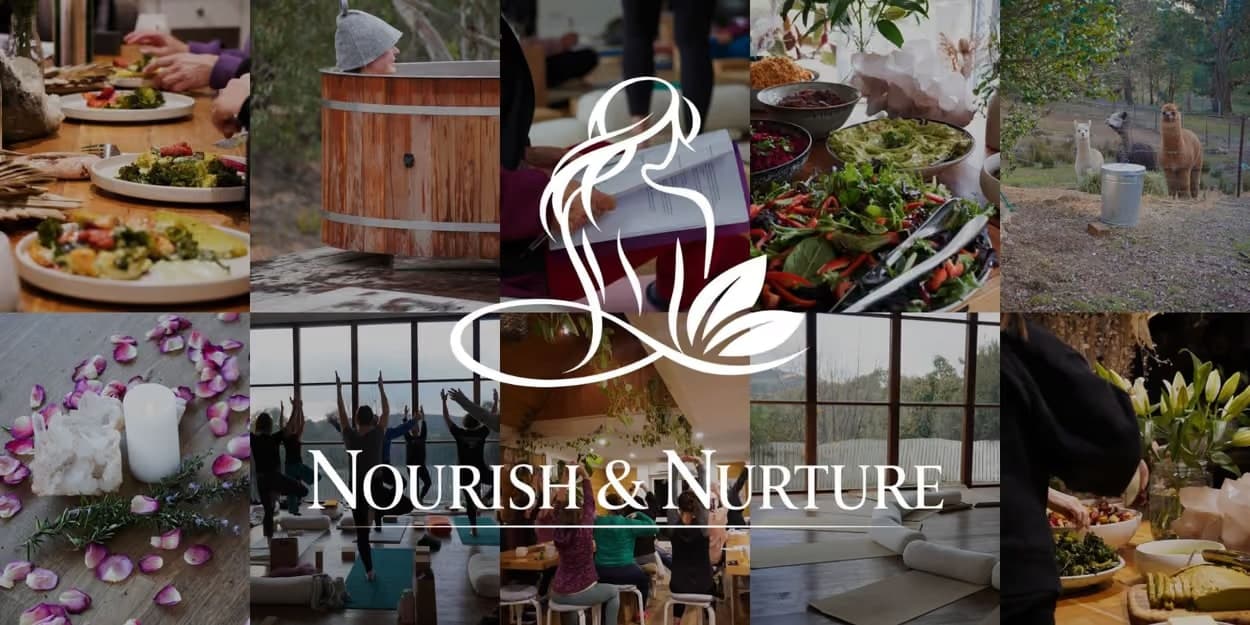 Nourish and Nurture retreat logo over photos of shared meals, yoga, a cold plunge and alpacas at the retreat venue